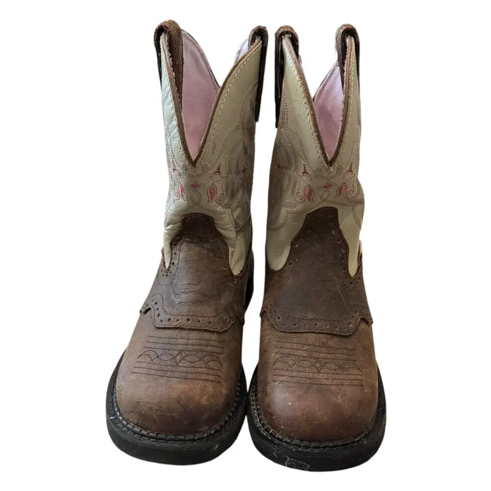 Justin Kids Western Cowboy Boots Brown Cream Embroidered Leather Size 7B